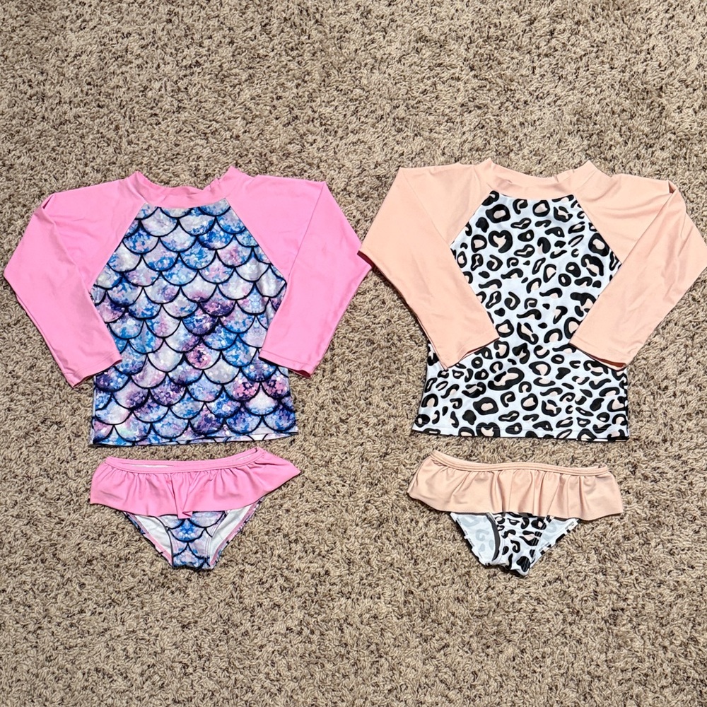 Girls size medium (7/8) set of two rashguards one mermaid and one leopard print